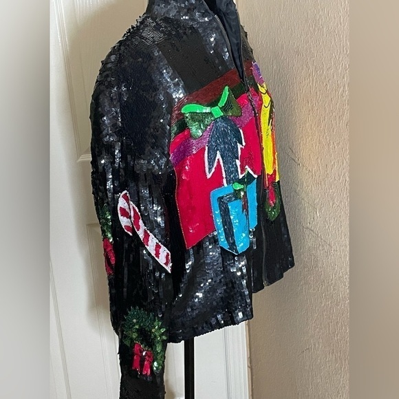 Vintage  Christmas Bomber Jacket Med  Silk Sequined All Over Party​​​​​​​​​​​​​​ - Picture 6 of 11